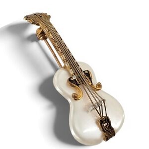 Vintage Damascene Mother of Pearl Guitar Brooch Gold Black Spain Pin 2"